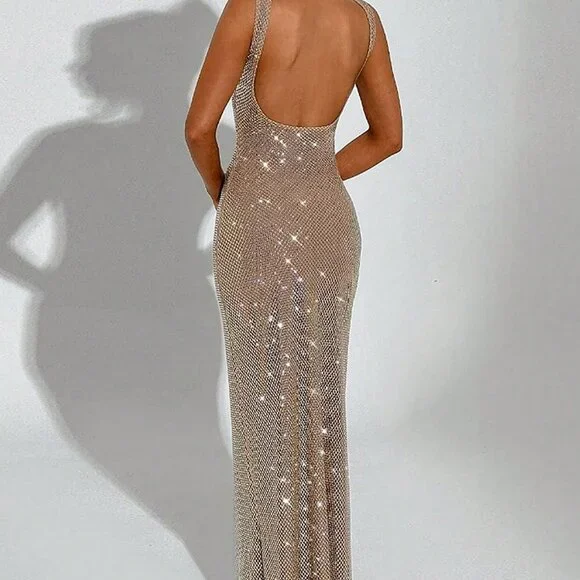 Gold Elegant Women's Sexy Straps Sequins Halter Party Dress